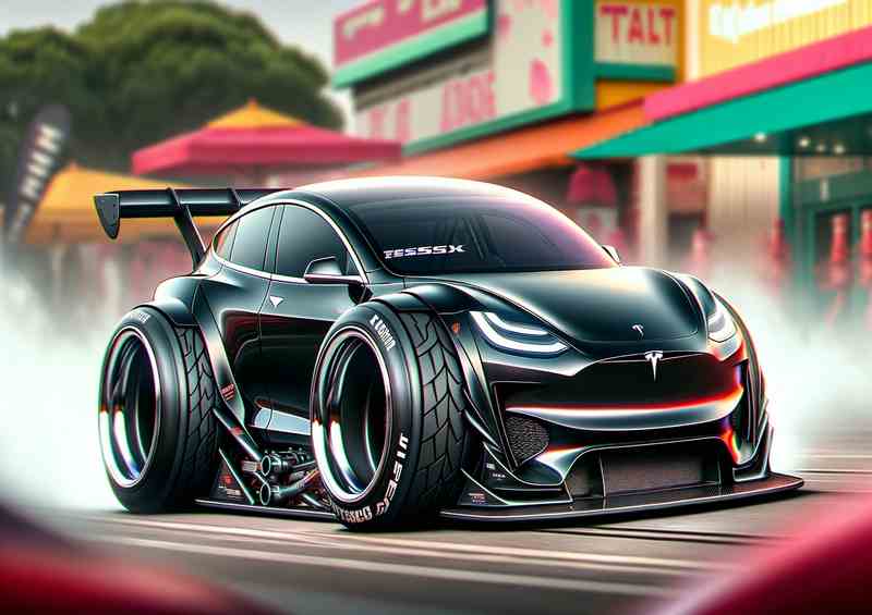 a Tesla street racing car with extremely exaggerated features | Poster