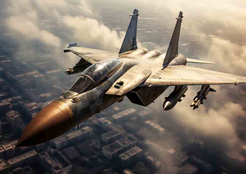 Fighter Jet Above the sky and buildings | Canvas