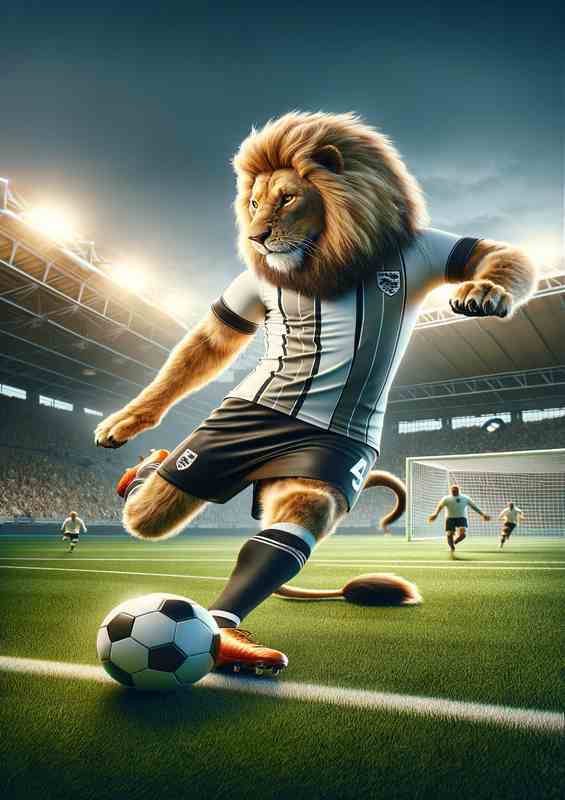 Lion Playing Football in Soccer Outfit | Poster