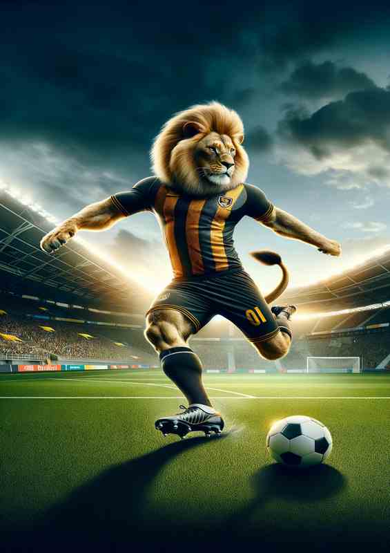 Lion Playing Soccer in Soccer Outfit in the stadium | Poster