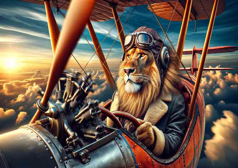 Lion Piloting a Bi Plane with Spinning Propeller | Poster