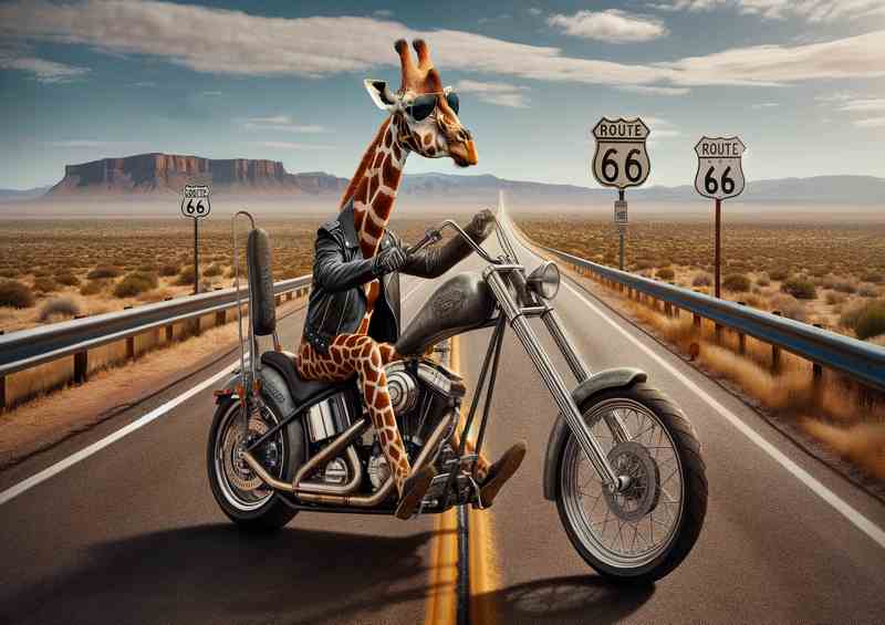 Solo Giraffe Riding a Chopper on Route 66 | Poster