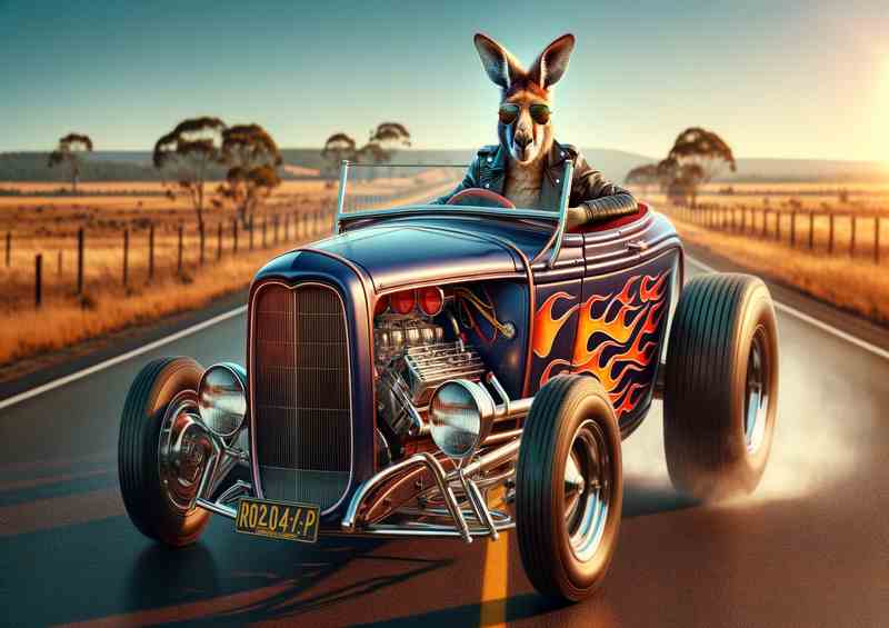 Solo Kangaroo Driving an American Hot Rod | Canvas