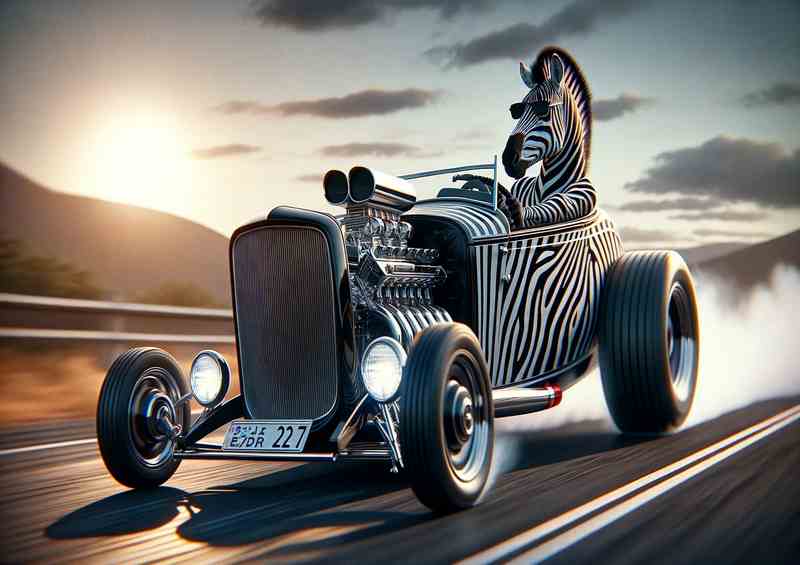 Zebra Driving an American Hot Rod | Metal Poster