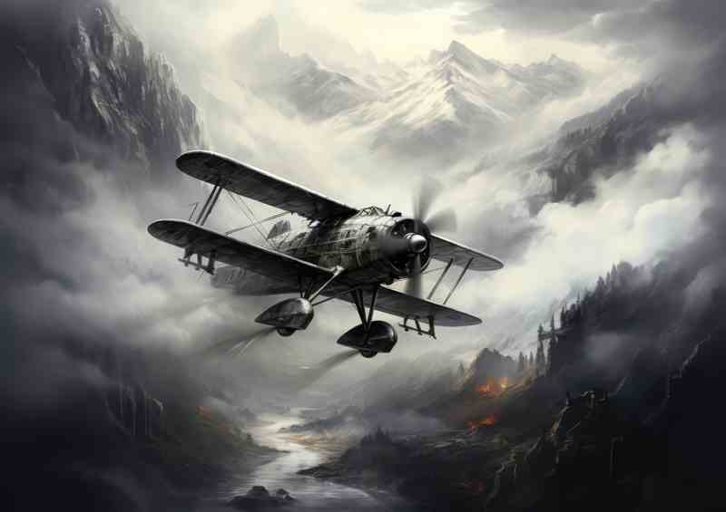 Plane In The Mountains flying through the clouds | Canvas
