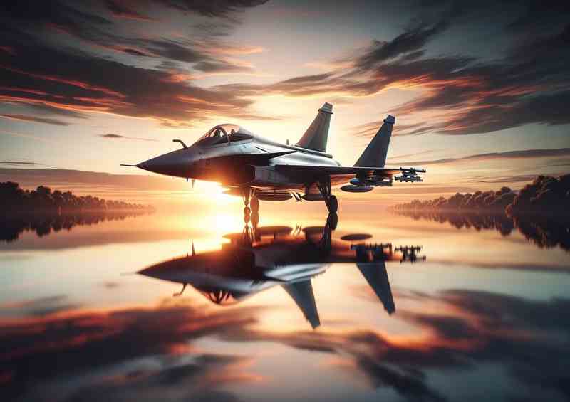 Serene Sunset Reflection Fighter Jet Elegance a sleek fighter | Canvas
