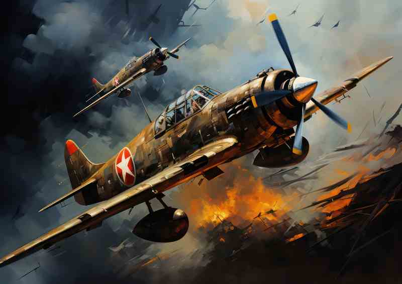 Two small airplanes flying through the air under clouds | Metal Poster