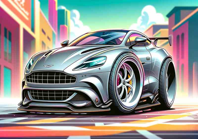 Aston Vanquish Cartoon Gray Metal Poster