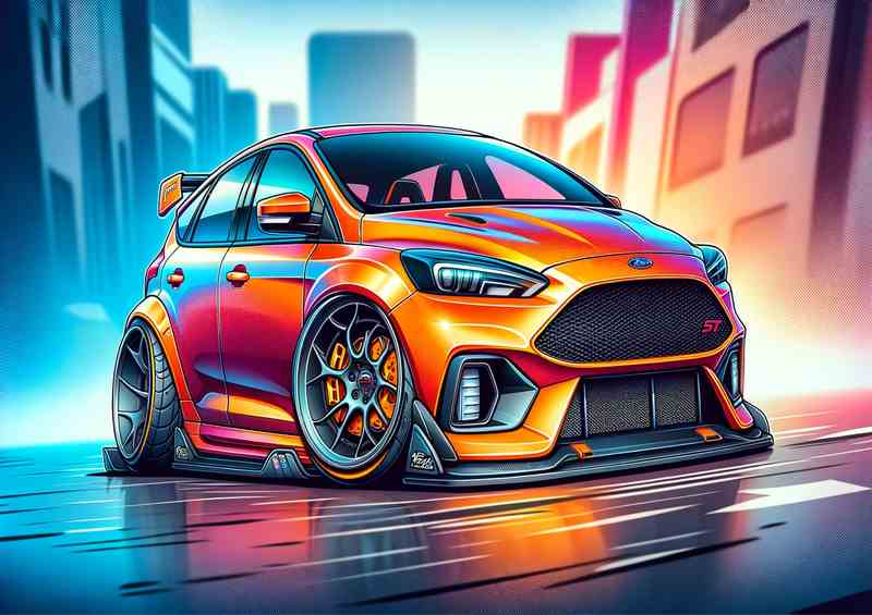Ford Focus ST with extremely exaggerated with a bright orange | Poster