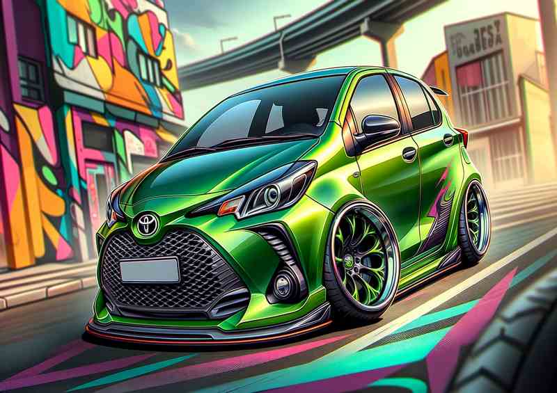 Toyota Yaris with extremely exaggerated features In Green | Canvas