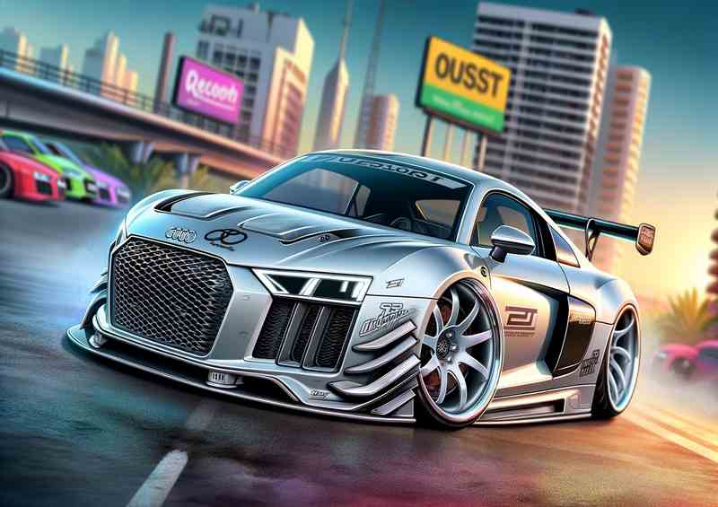 Audi R8 with extremely exaggerated features in silver | Di-Bond