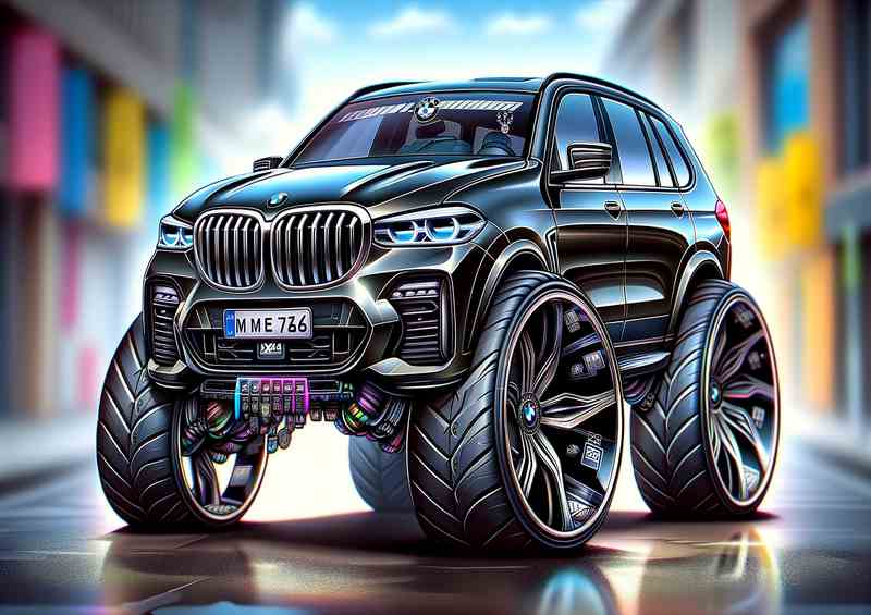 BMW X5 4x4 with extremely exaggerated big wheels cartoon | Poster