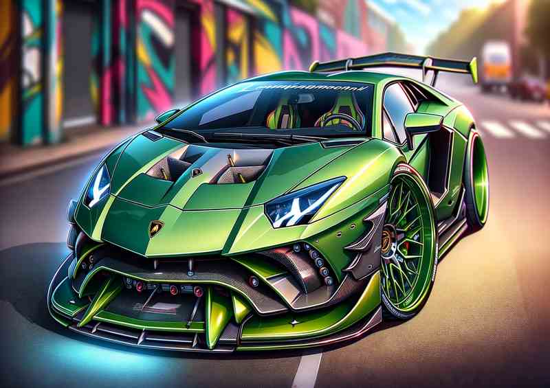 Green Lambo Aventador: Exag. Features Metal Poster
