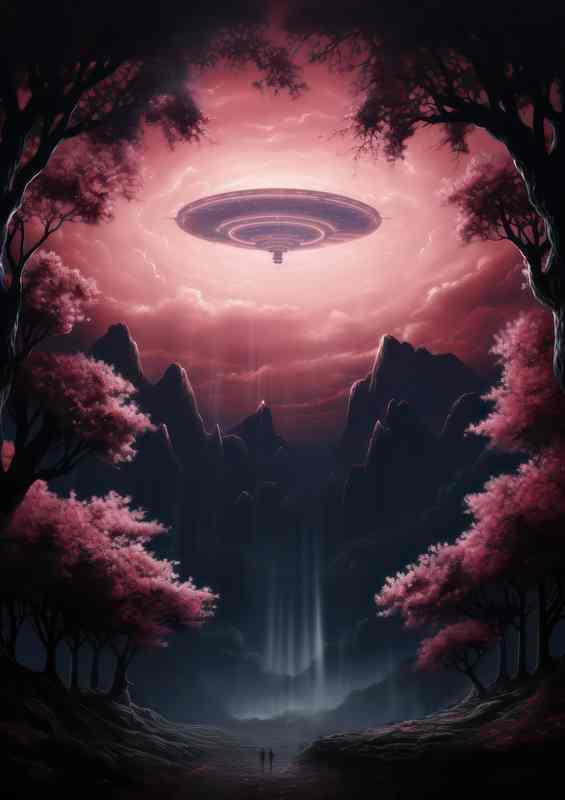 A pink ufo flying over the mountains | Poster