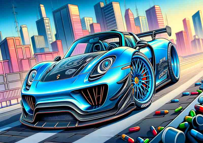 Porsche 918 Spyder style in blue cartoon | Poster