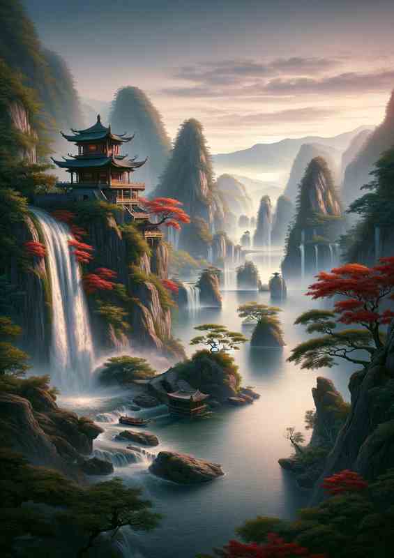 Ancient Chinese Landscape with Waterfall | Canvas