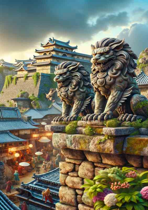 Guardian Shisa Lion Figures | Metal Poster