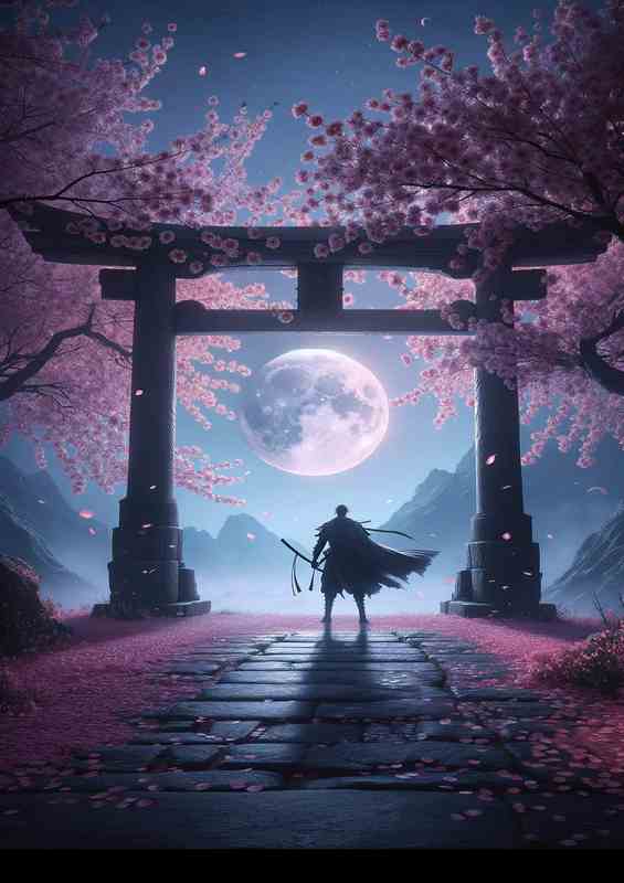 Warriors Contemplation under Sakura Moonlight | Poster