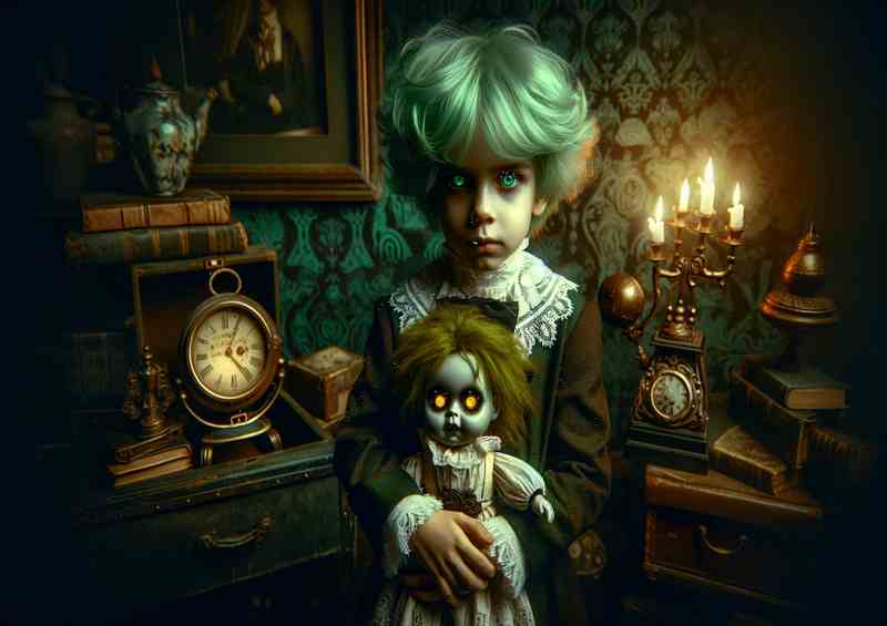 Gothic Doll Companion with Green Hair | Victorian Attire Metal Poster