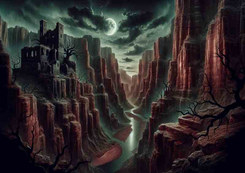Gothic Crimson grand canyon under a gothic moonlit sky | Poster