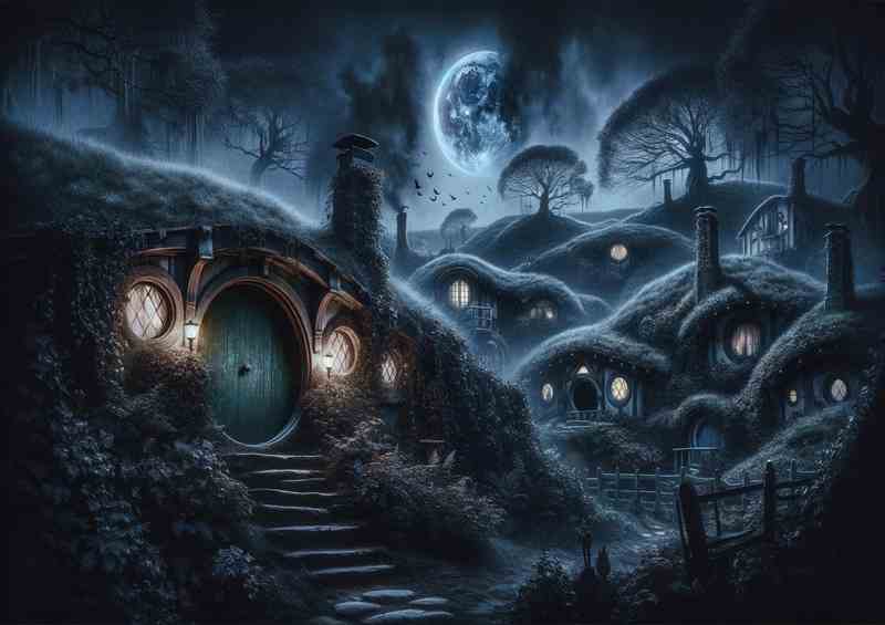 Gothic Moonlit Shire Hobbit homes with their round doors | Poster