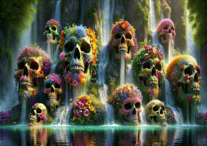 Skeletal Floral Cascade down a vibrant floral waterfall | Poster