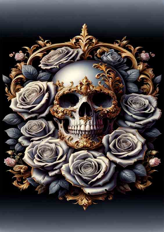Elegant Baroque Skull Amidst Blooming Roses | Poster