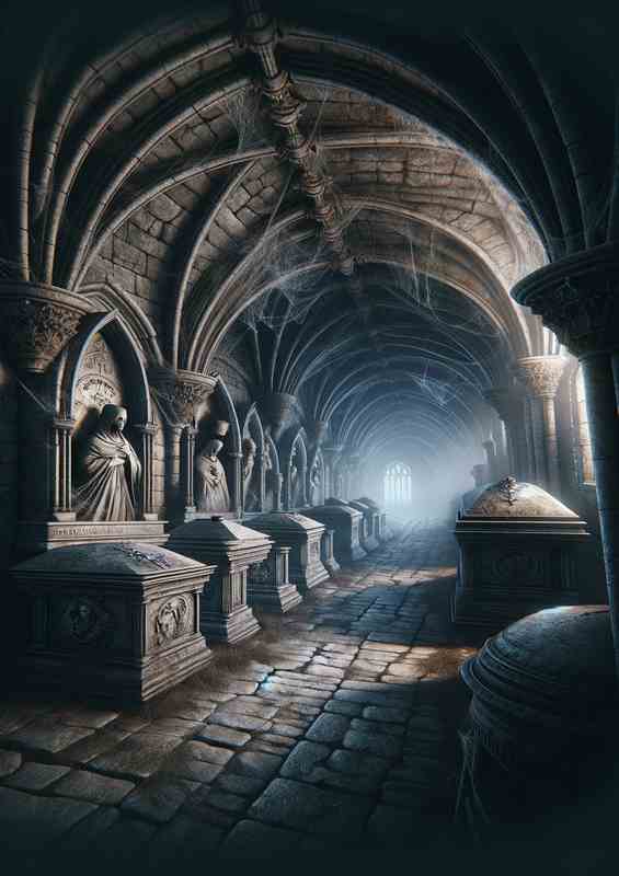 Forgotten Gothic Crypt Stone sarcophagi line the walls | Di-Bond