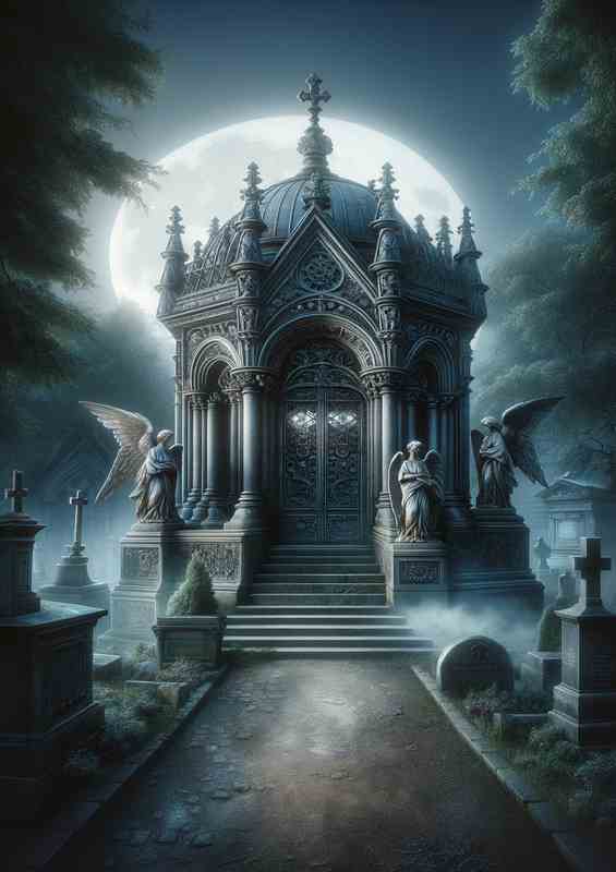 Silvery Moon Gothic Mausoleum Metal Poster