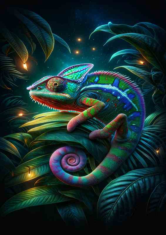 Vibrant Chameleon on Nocturnal Foliage | Di-Bond
