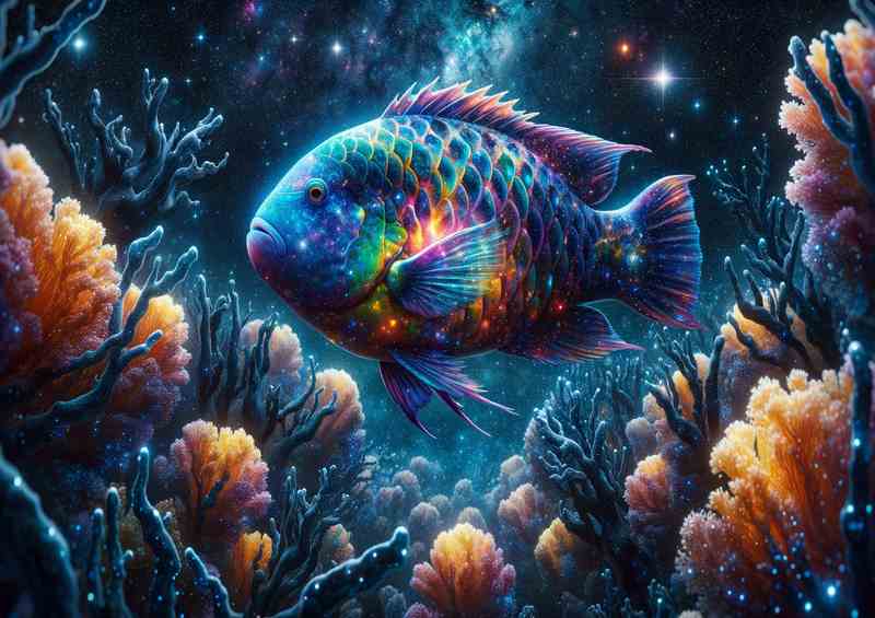 Cosmic Parrotfish Among Starry Corals swimming | Di-Bond