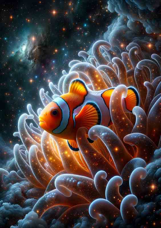 Interstellar Clownfish in Cosmic Anemone orange and white | Canvas