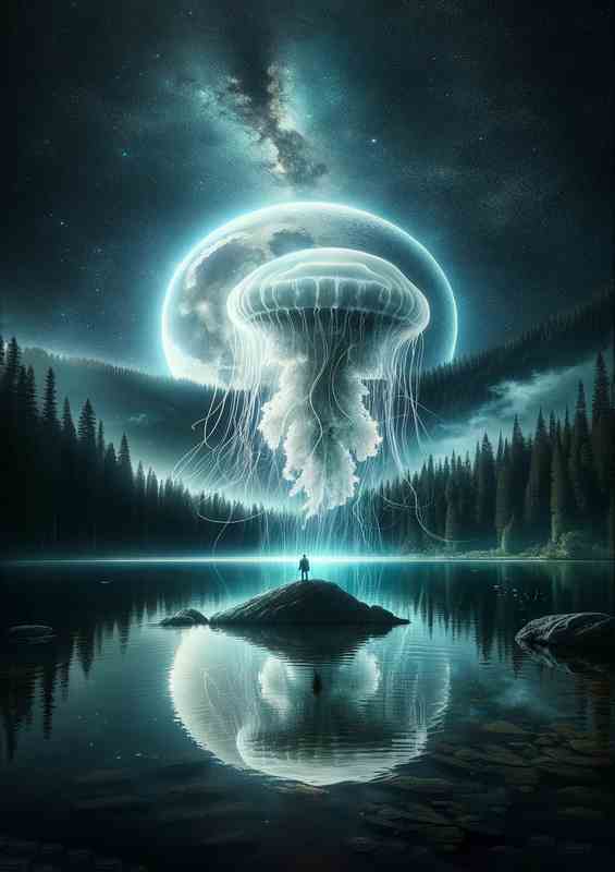 Jellyfish Orbiting Moon Over Lake at night | Poster