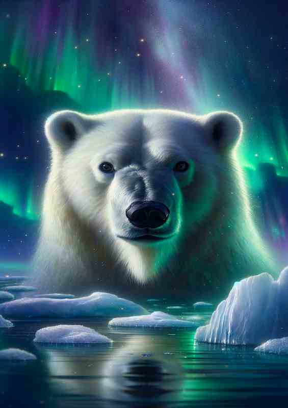 Northern Lights A Polar Bear on Ice Floes | Poster