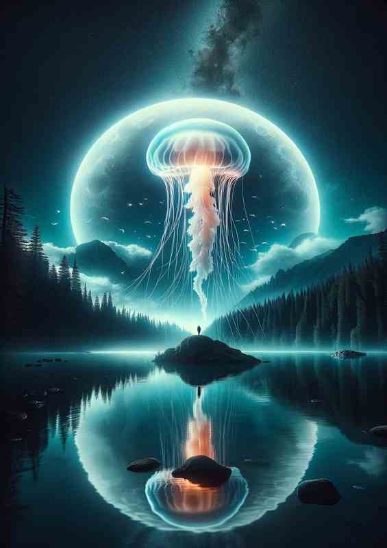 Surreal Jellyfish Orbiting Moon Over Lake | Canvas