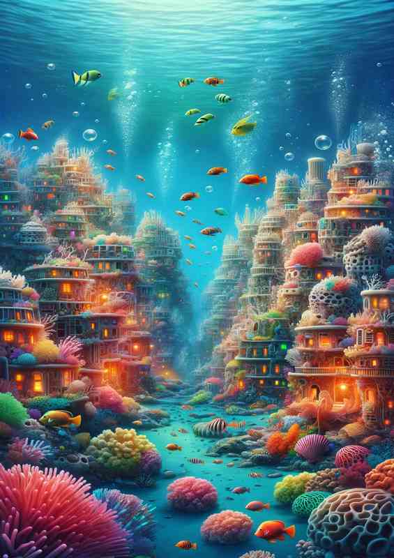 Whimsical Underwater City Metal Poster