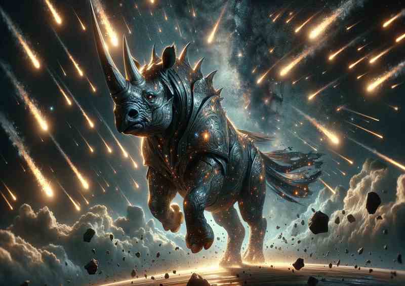 Celestial Rhino Charging Across Meteor Showers | Poster