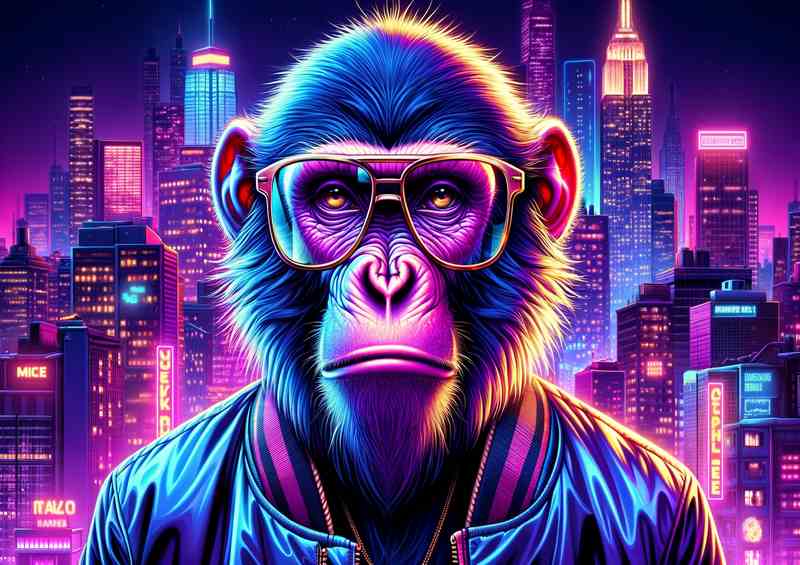 Neon Nightlife Ape Vibrant Monkey in Cityscape | Poster