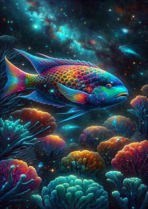 Cosmic Parrotfish Among Starry Corals swimming among twinkle | Poster
