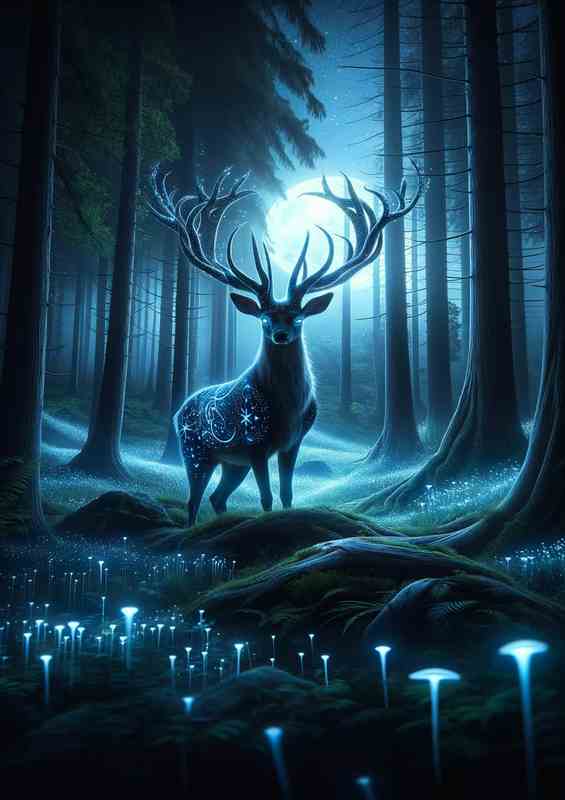 Enchant. Stag Forest Midnight Glow antlers in dense forest | Di-Bond