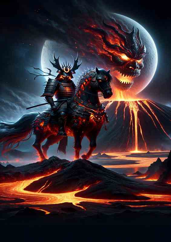 Fiery Samurai Spirit Overlooking Crater | Poster