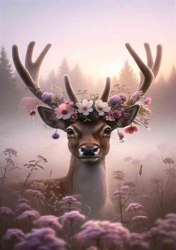 Misty Dawn A Deer in a Flower Crown gazing softly | Poster