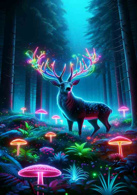 Neon Forest Guardian - Illuminated Stag Metal Poster