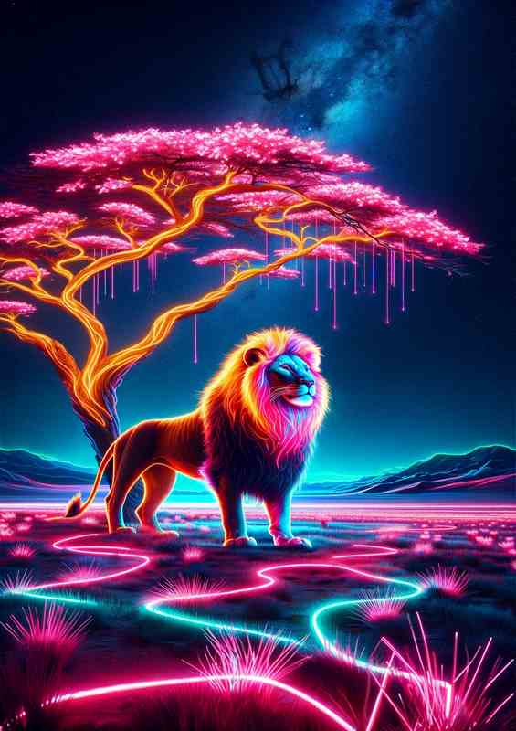 Neon Savannah Sovereign Lion | Glowing Neon Mane Poster