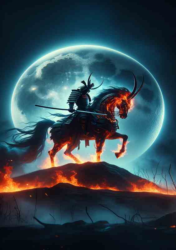 Samurai Demon Rider under Moonlight | Metal Poster