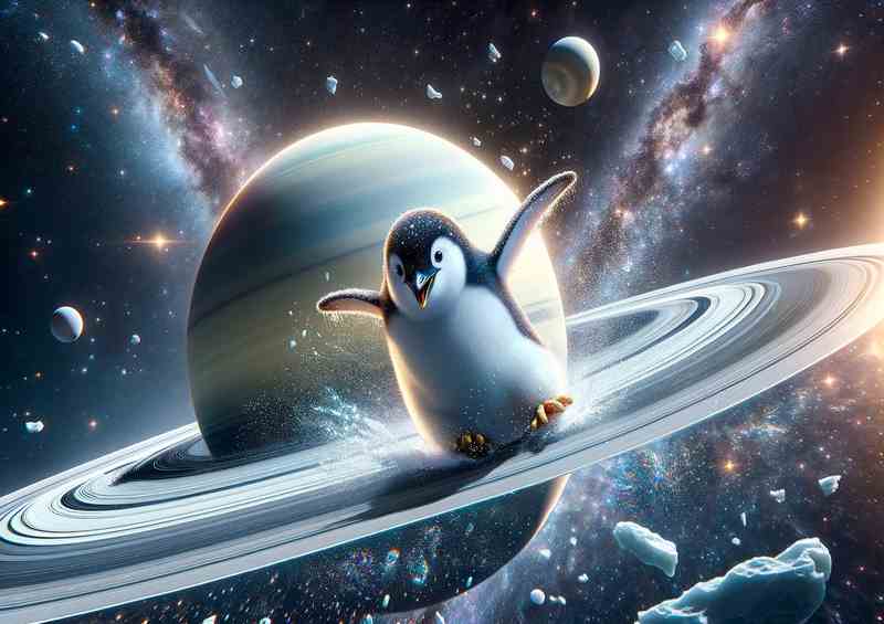 Interstellar Penguin Sliding on Saturns Rings | Canvas