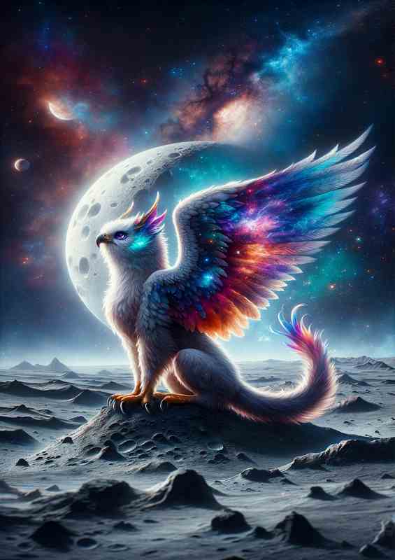 Astral Griffin Perched on a Moon Crater with wings that span | Canvas