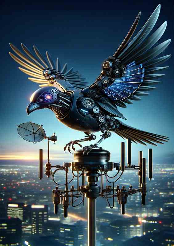Automated Avian Messenger mechanical bird perched | Poster