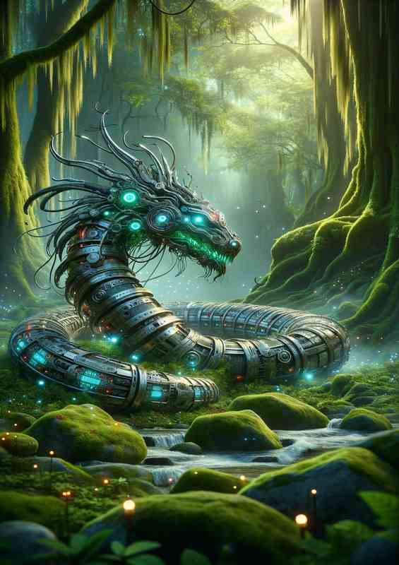 Captivating Mechanical Serpent in Mystic Forest | Poster