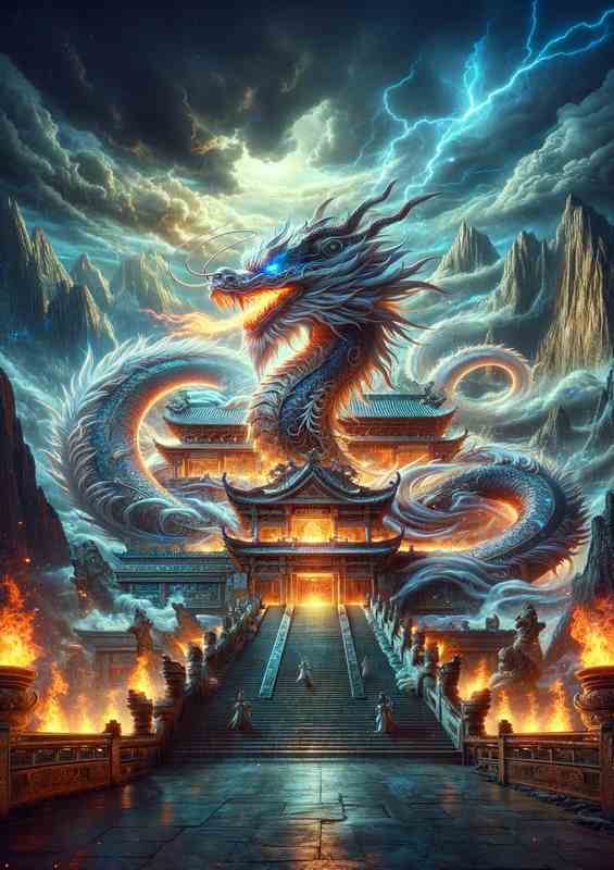 Celestial Dragon coiled around an ancient mystical temple | Di-Bond